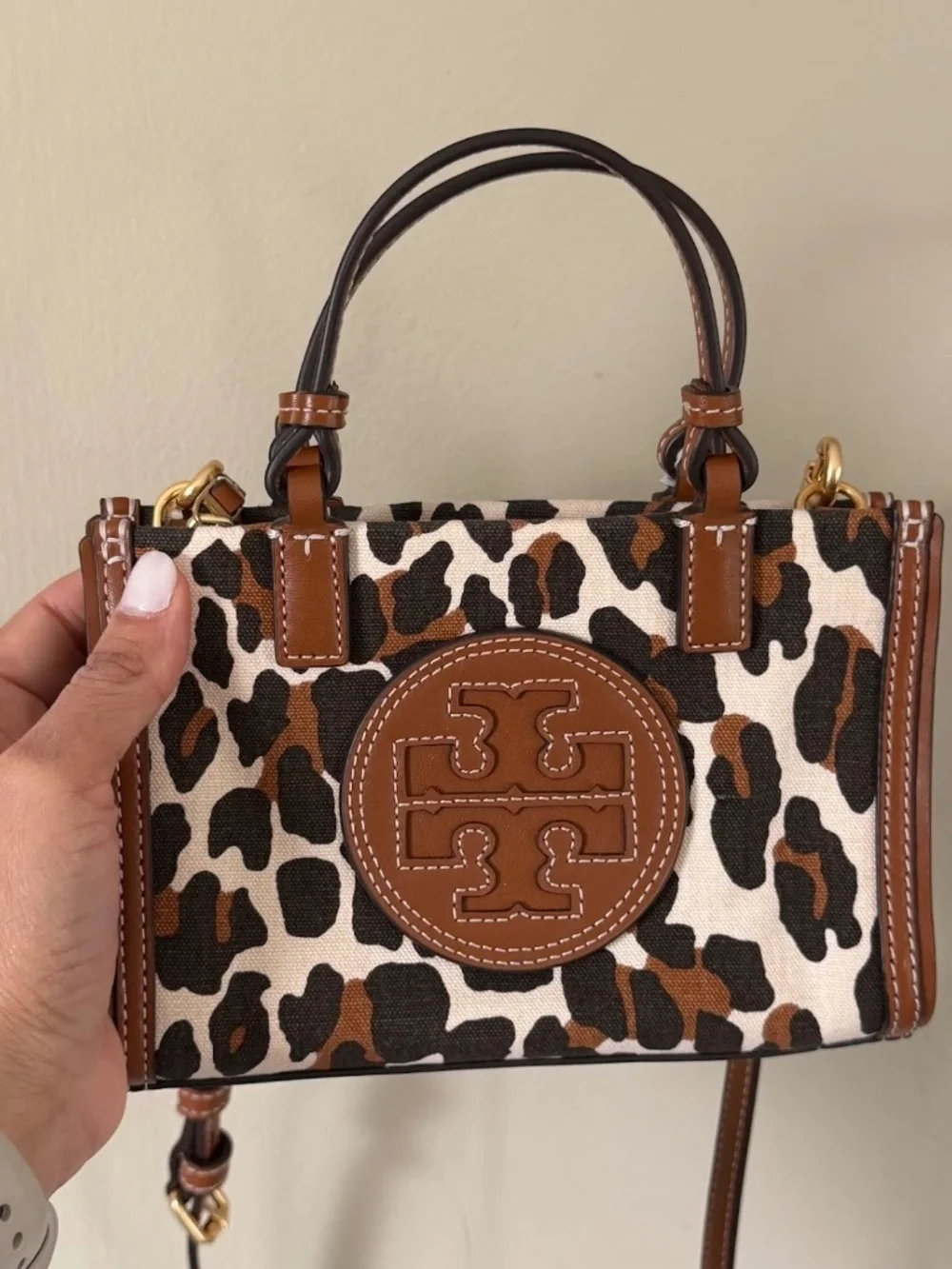 Tory Burch Leopard Print Leather-Trim Crossbody in Brown and Cream